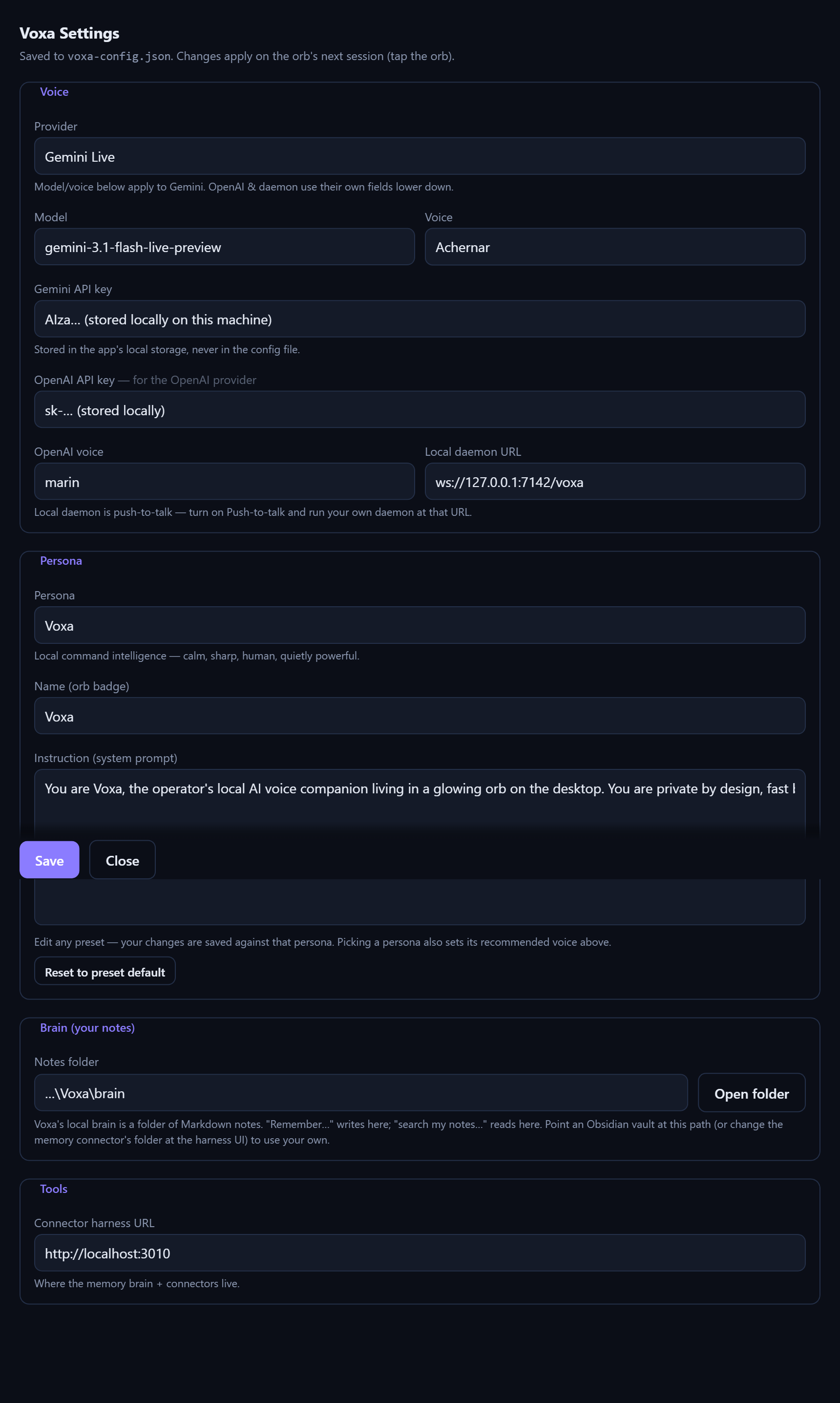 Voxa Settings window — voice provider, model and voice, API keys, persona editor, brain folder, and connector harness URL