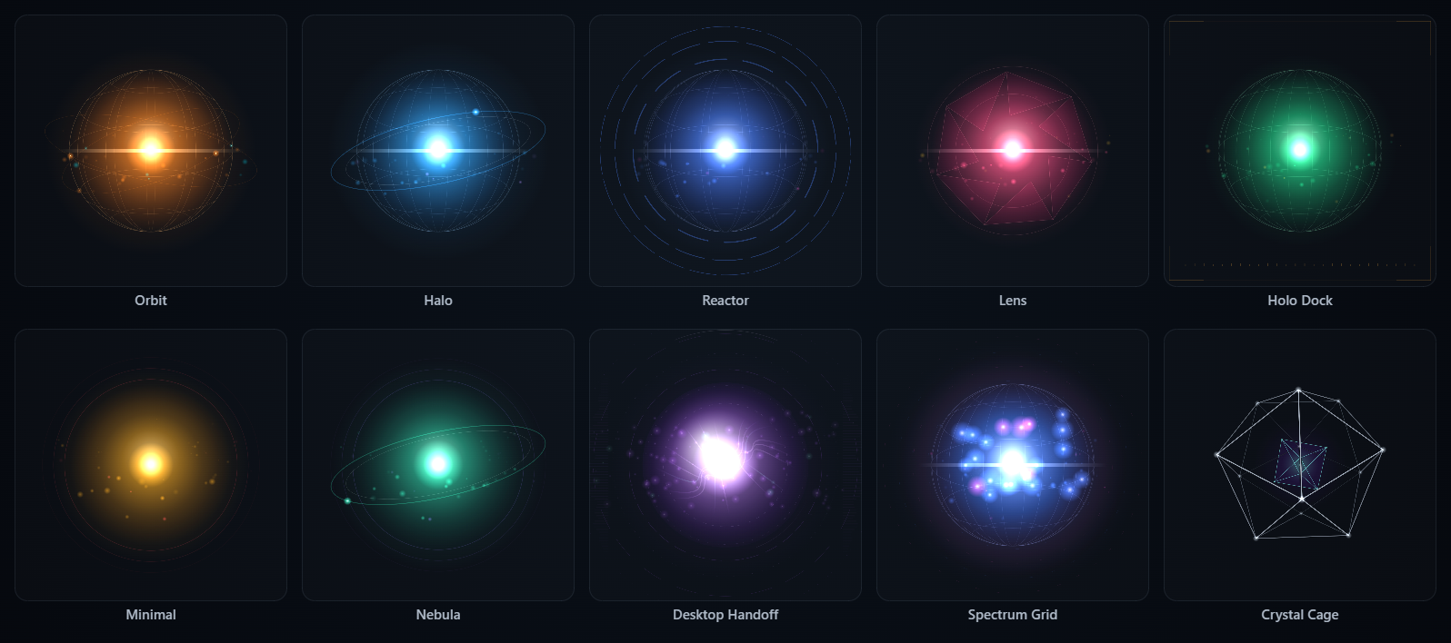 Ten built-in Voxa orb skins — Orbit, Halo, Reactor, Lens, Holo Dock, Minimal, Nebula, Desktop Handoff, Spectrum Grid, and Crystal Cage